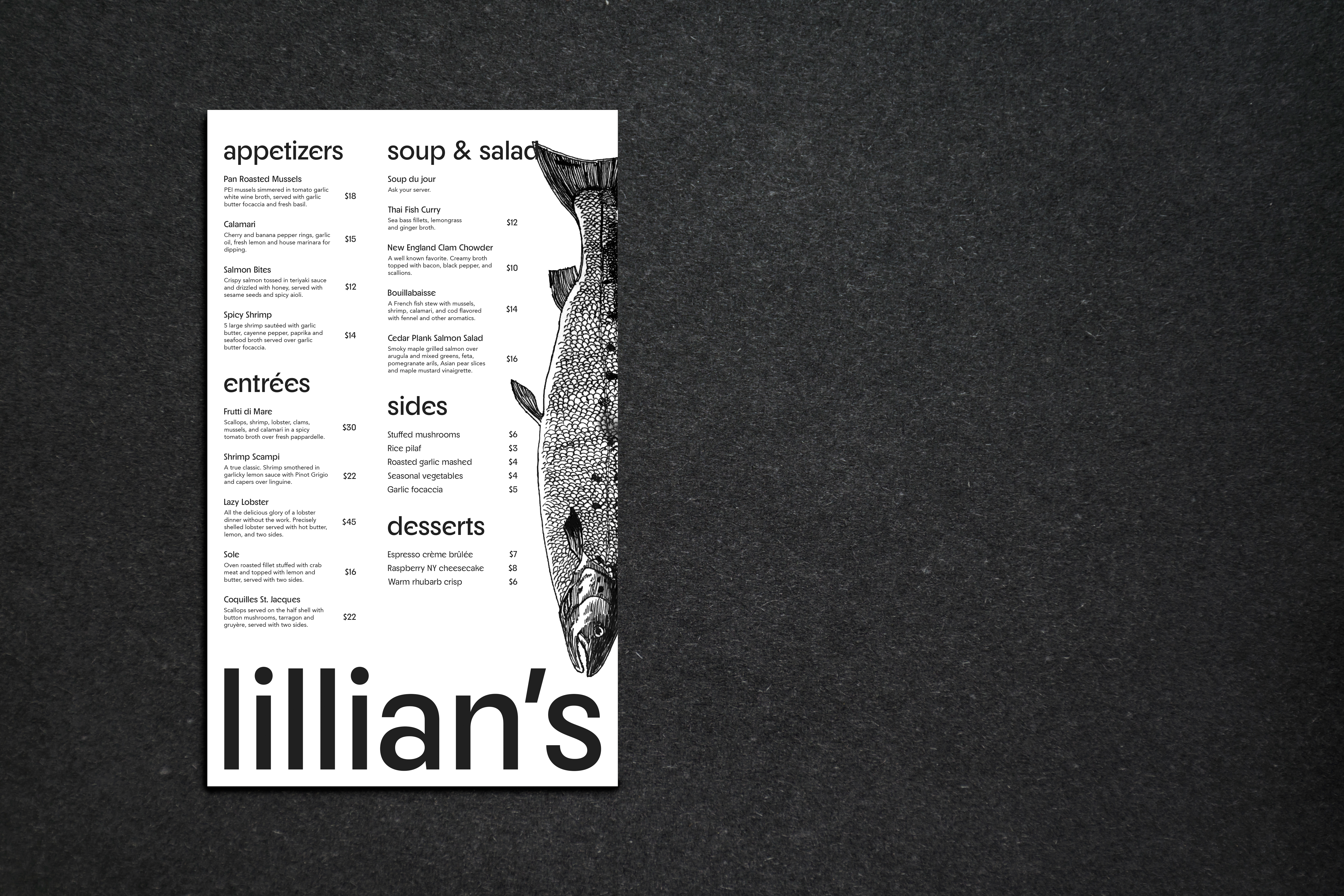 menu mockup for lillian's seafood