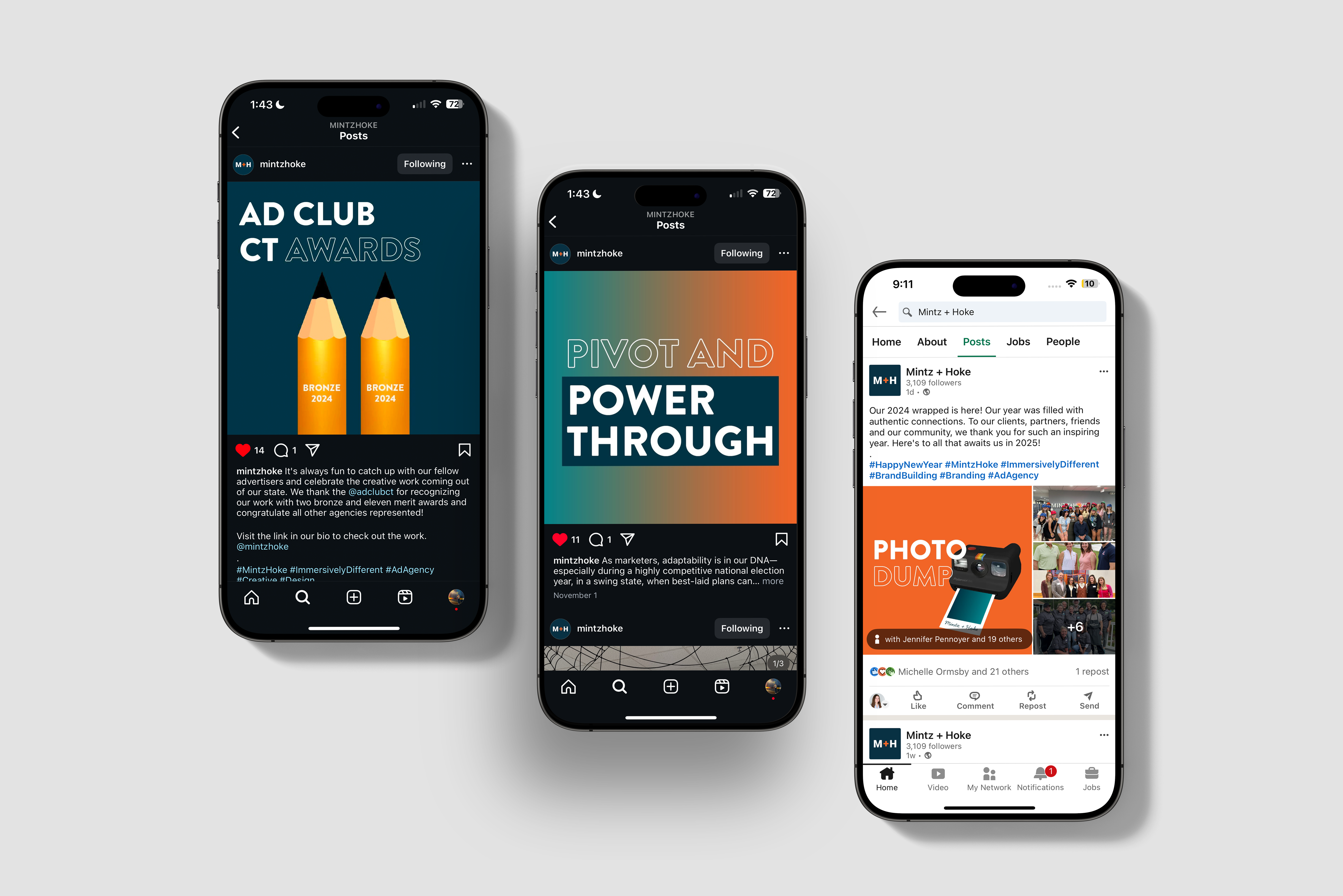 mockup of three phones with Mintz + Hoke social media posts