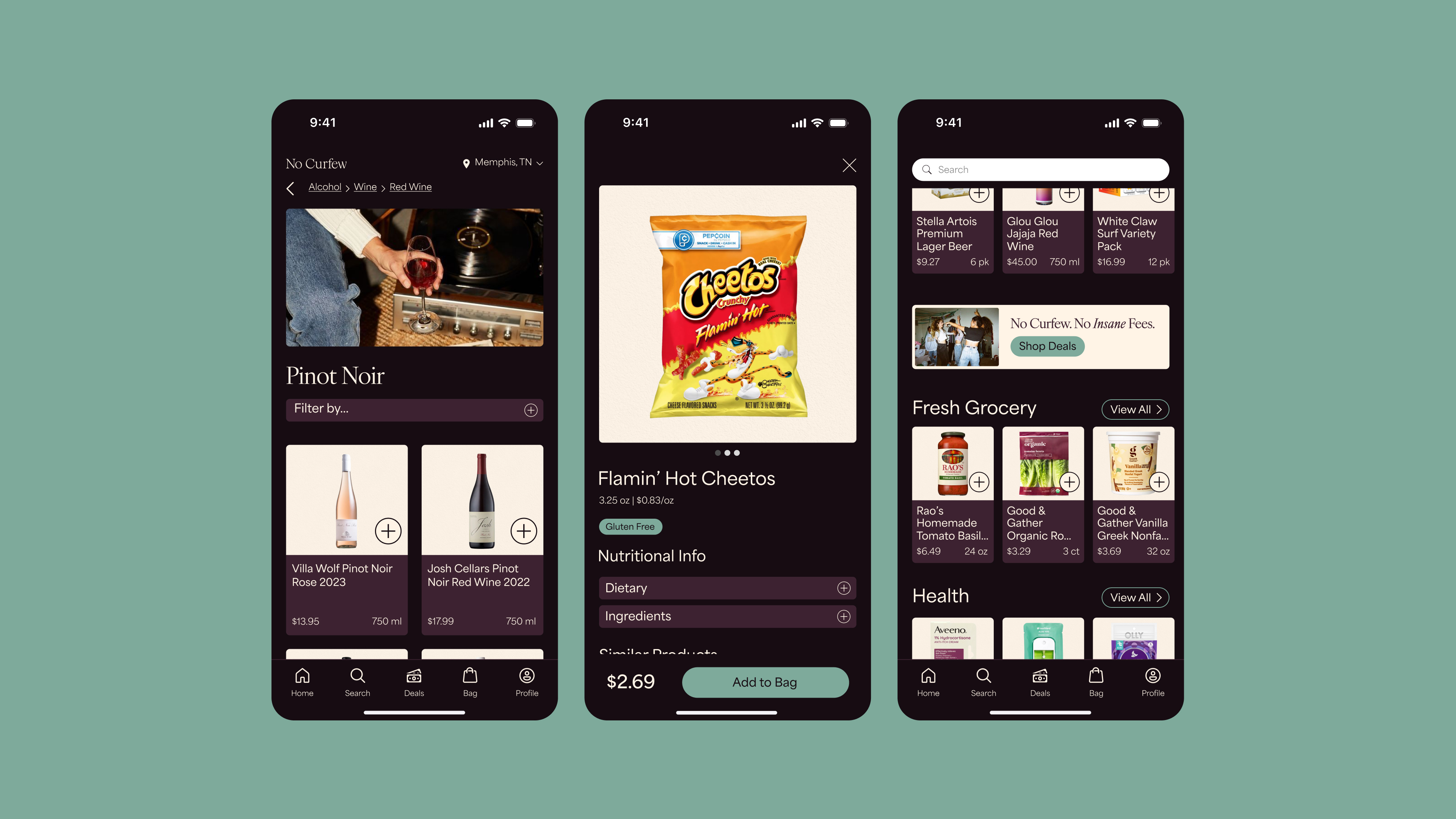 image of three app screens, including a product screen, wine category screen, and home page shwocasing different categories.