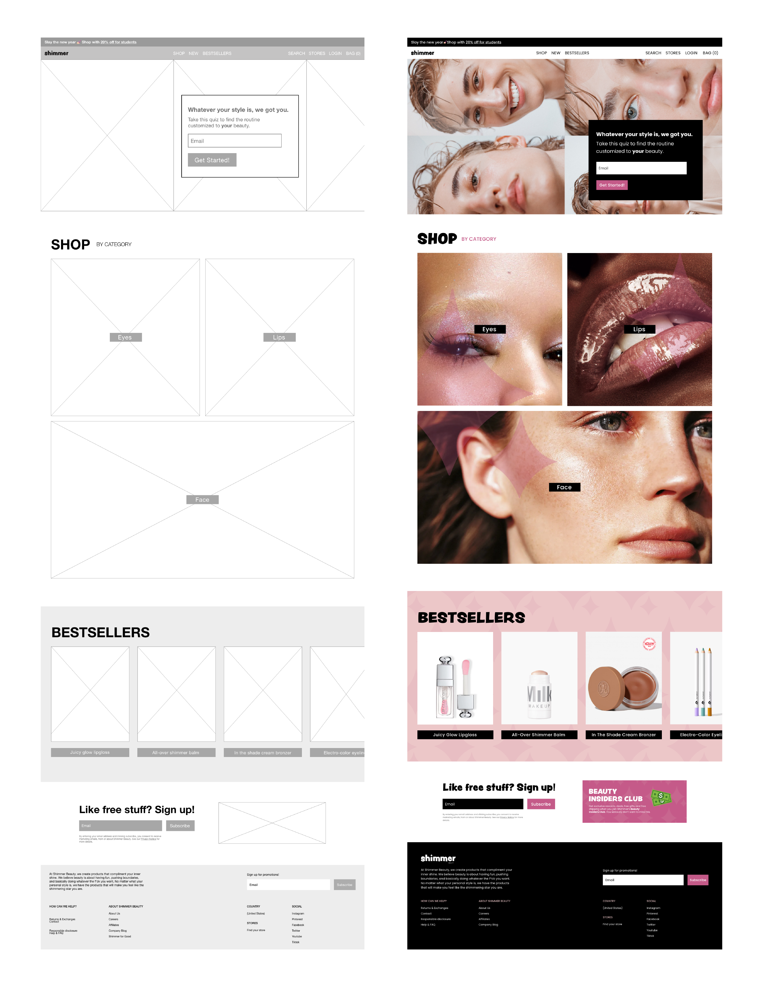 wireframes and flat designs for shimmer landing page