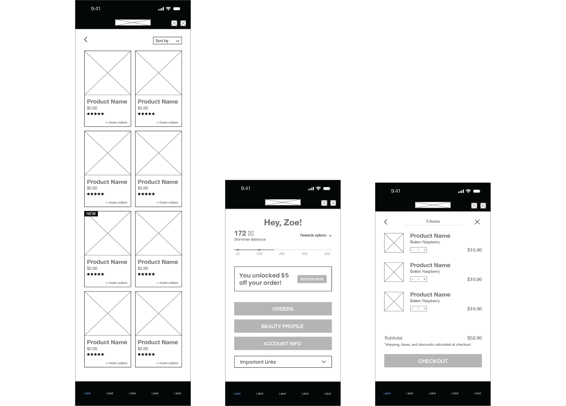 in-app wireframes