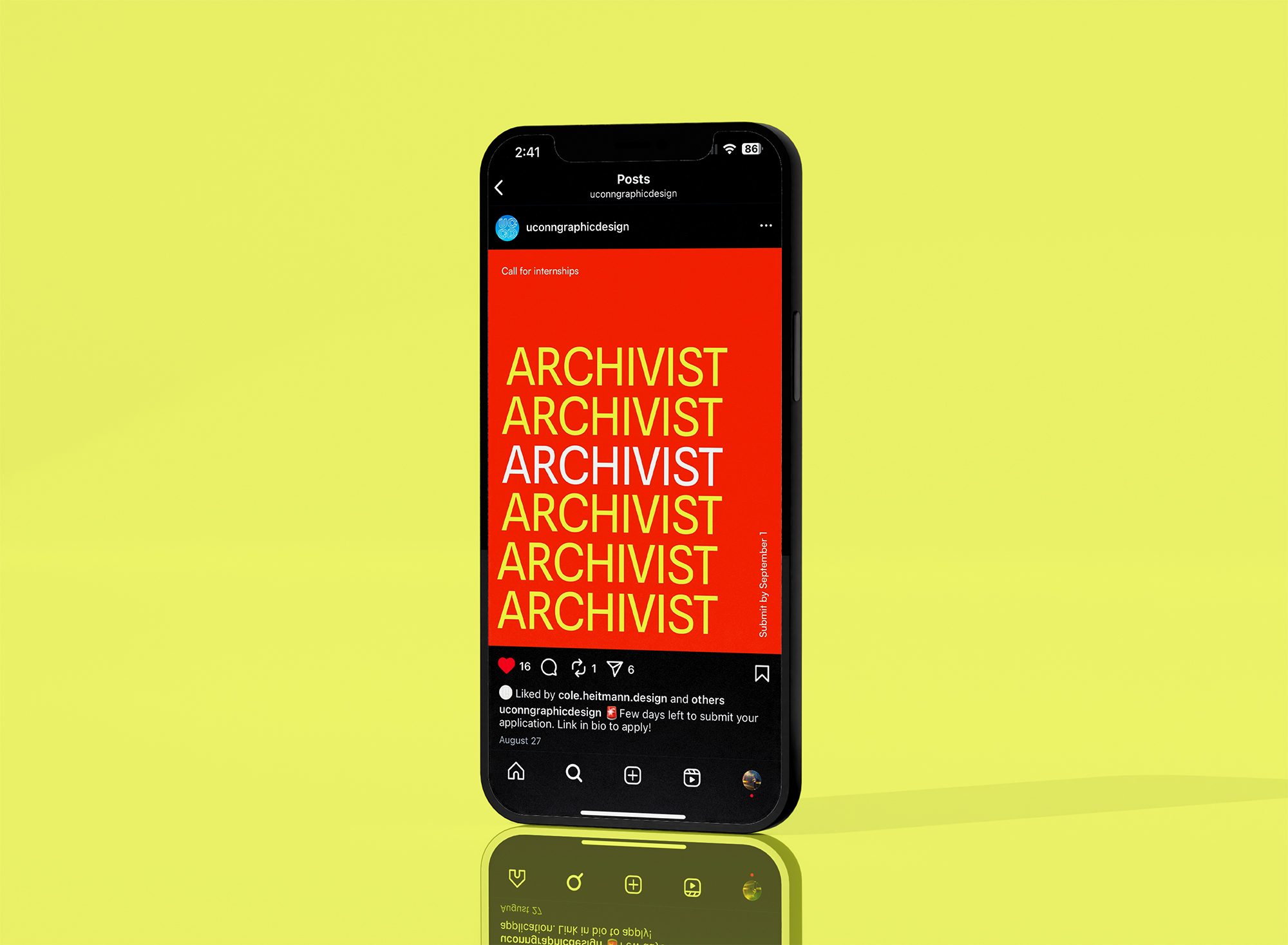 instagram post on phone that says design center is looking for an archivist.