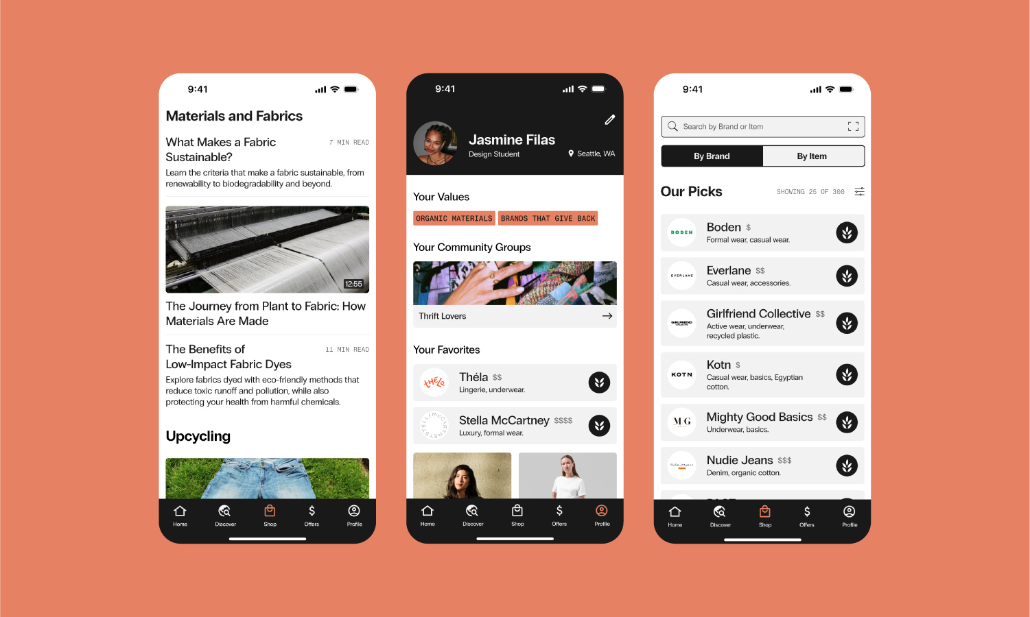 three screen flat layout of three app screens: