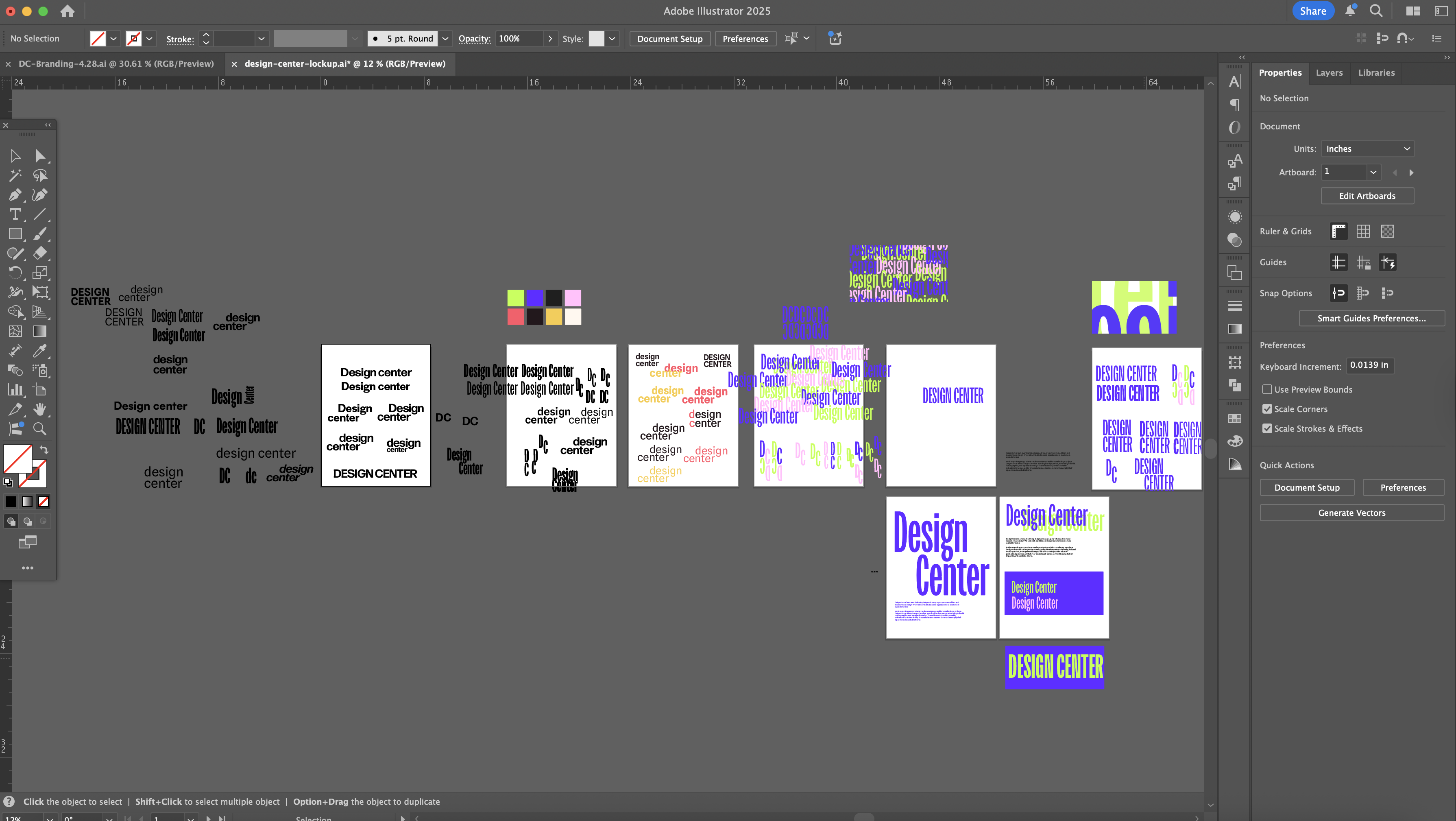 screenshot of Adobe Illustrator window showwing all of the different design center logo explorations