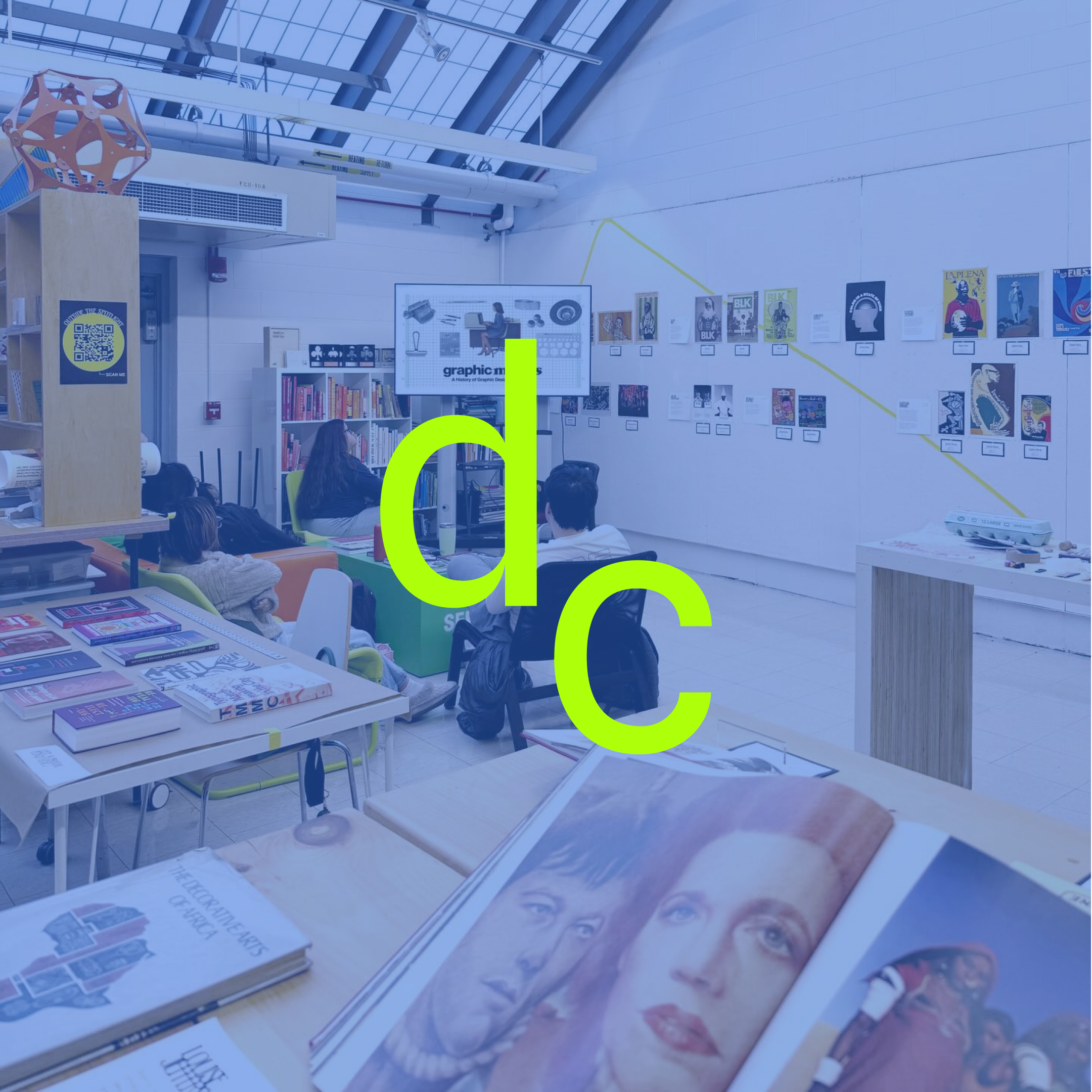 photo of design center space with secondary logo overlayed in neon green