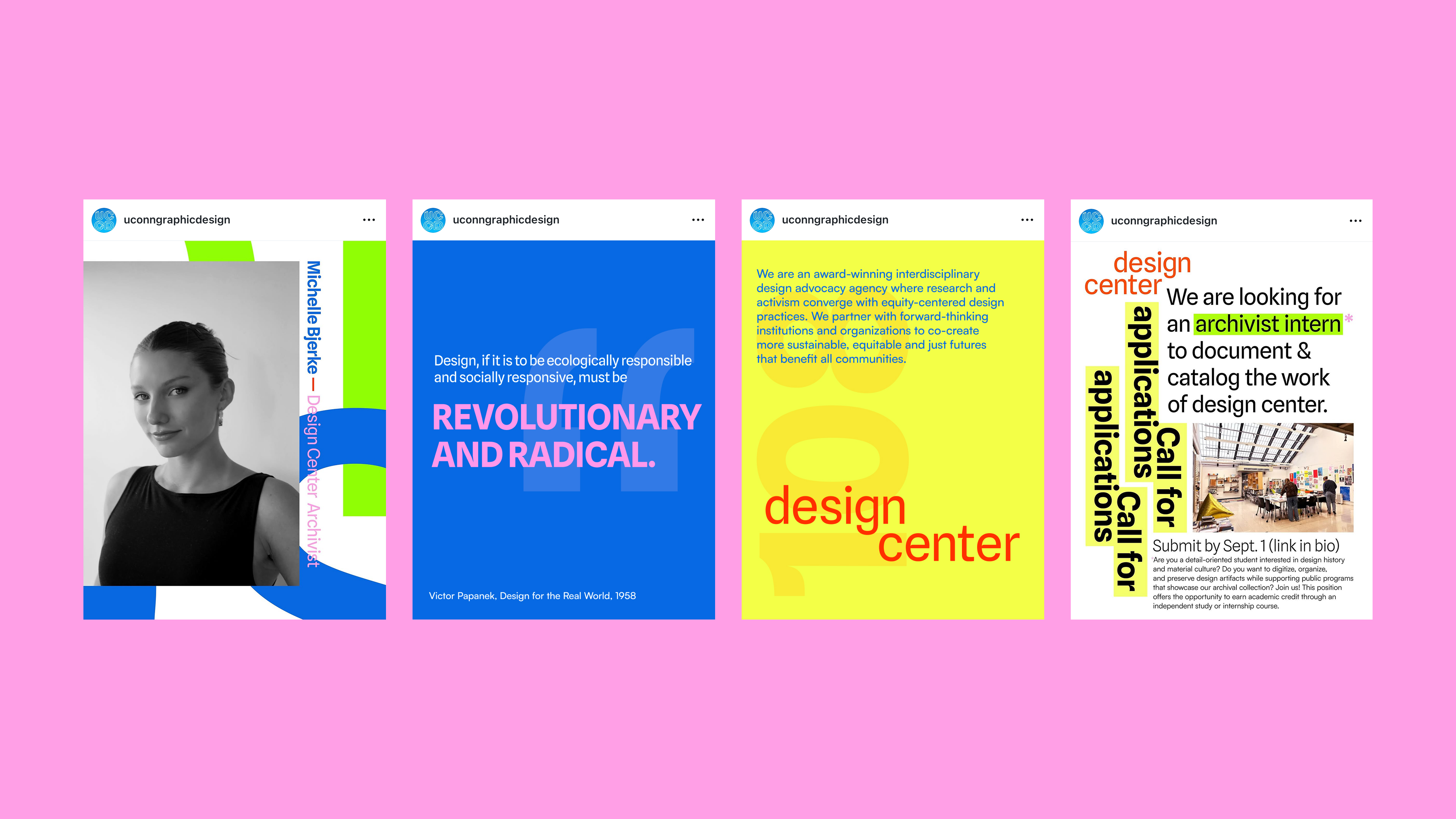 gallery of social media posts for design center. these encourage students to join, showcase a book feature, design center's mission, and open positions.