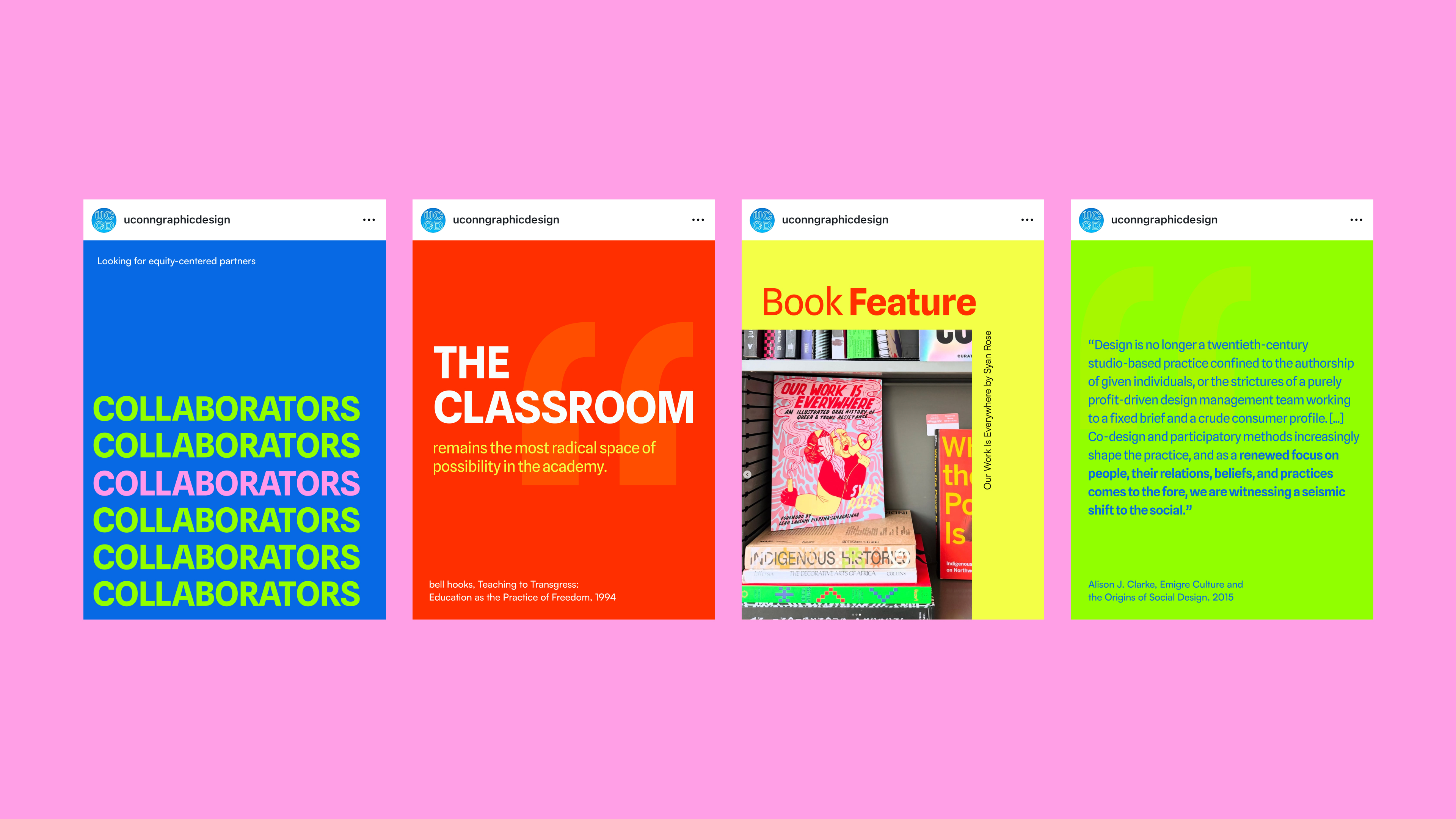 gallery of social media posts for design center. these encourage students to join, showcase a book feature, design center's mission, and open positions.