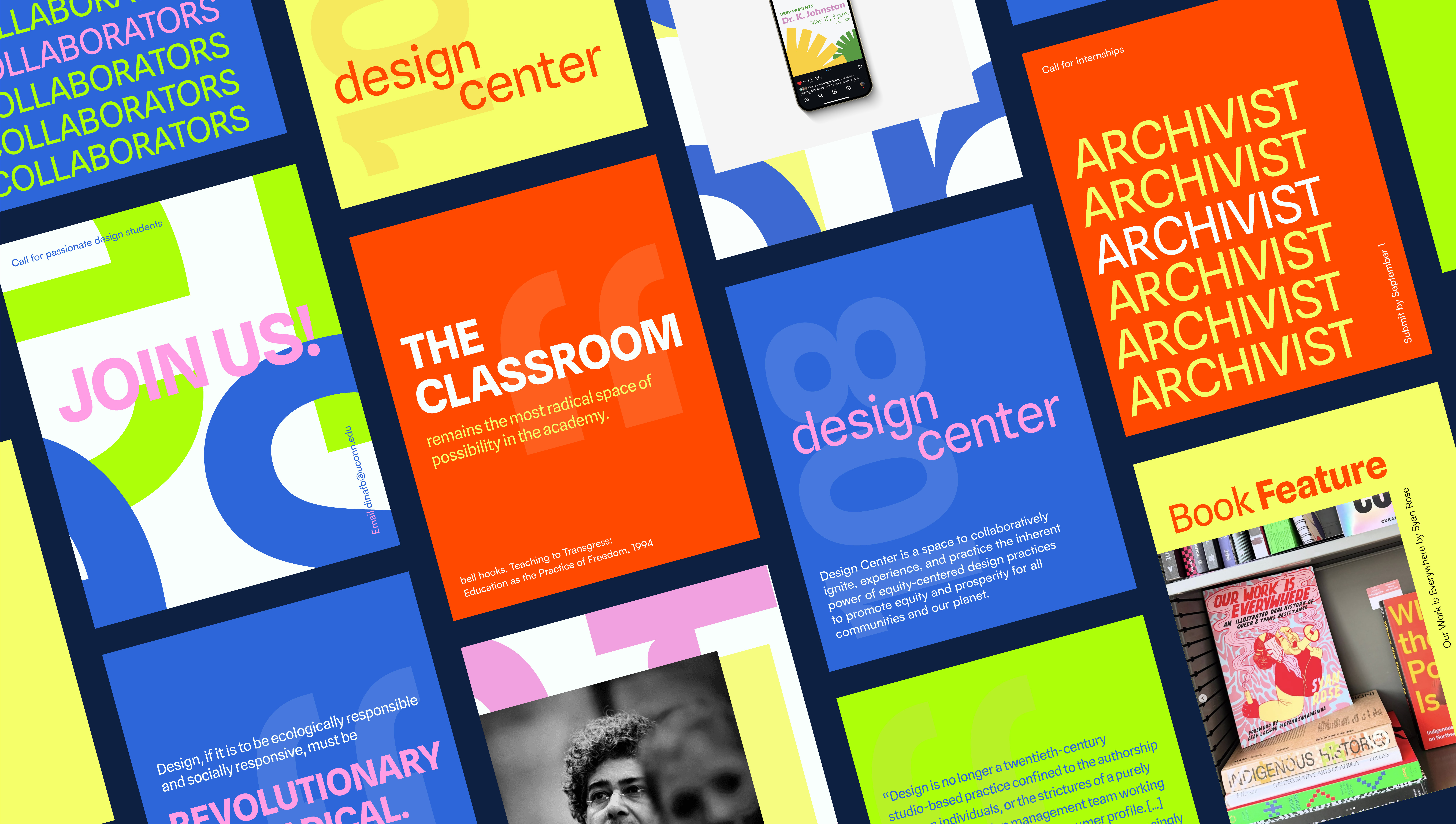 gallery of social media posts for design center. these encourage students to join, showcase a book feature, design center's mission, and open positions.