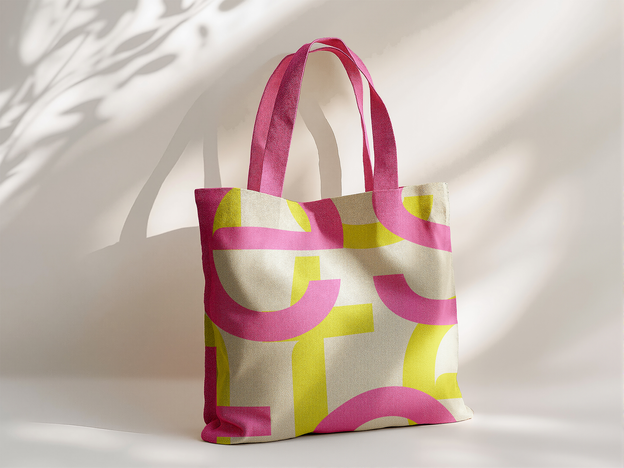 design center tote bag with yellow and pink pattern on it.