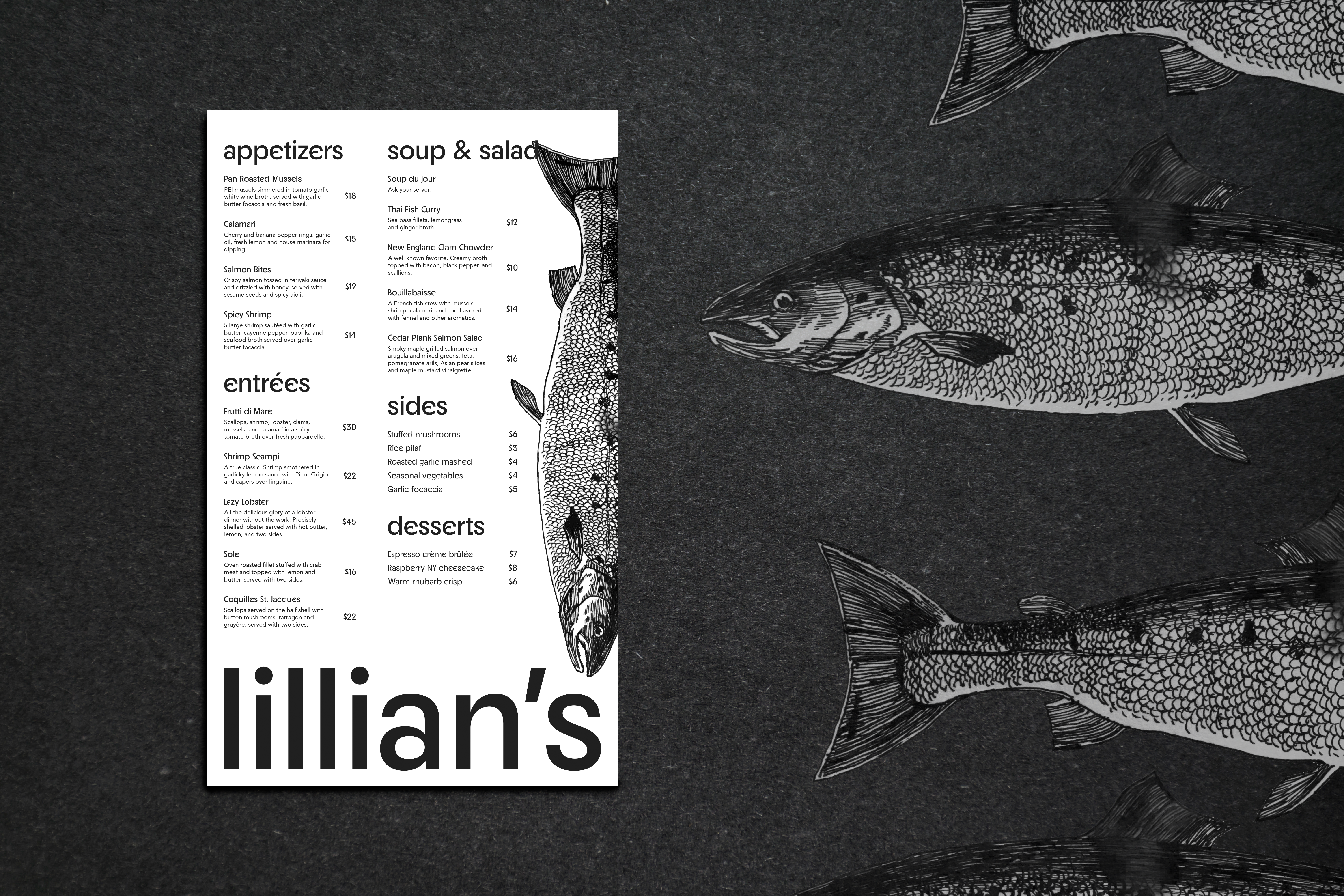 menu mockup for lillian's seafood