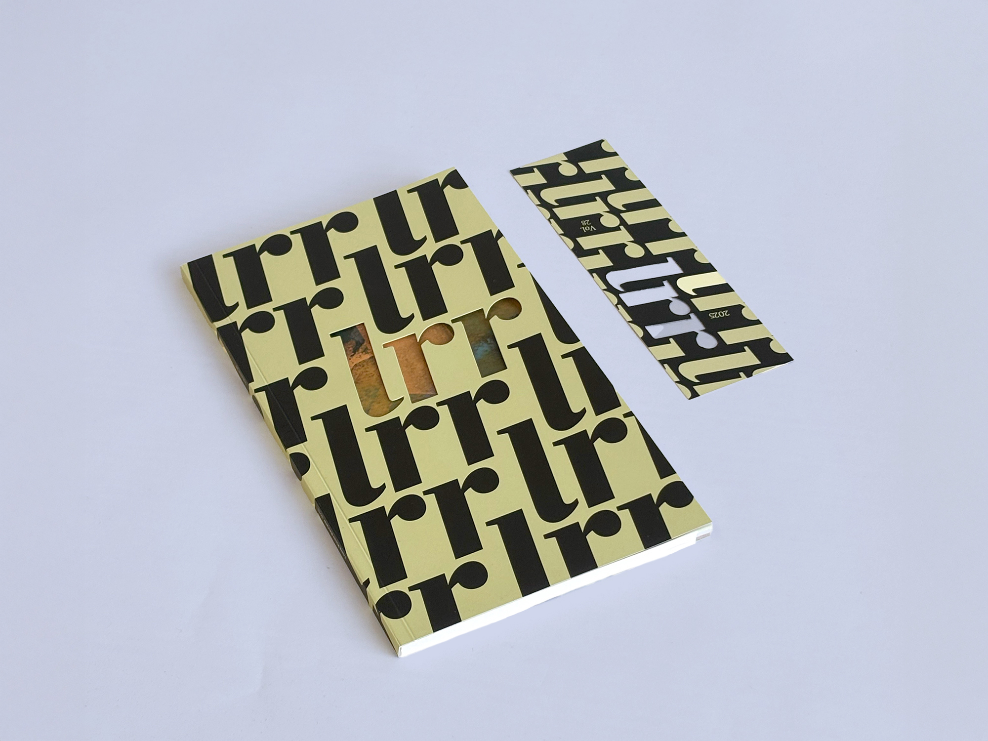 cover and bookmark for the publication. pattern of lrr with a cutout on front
