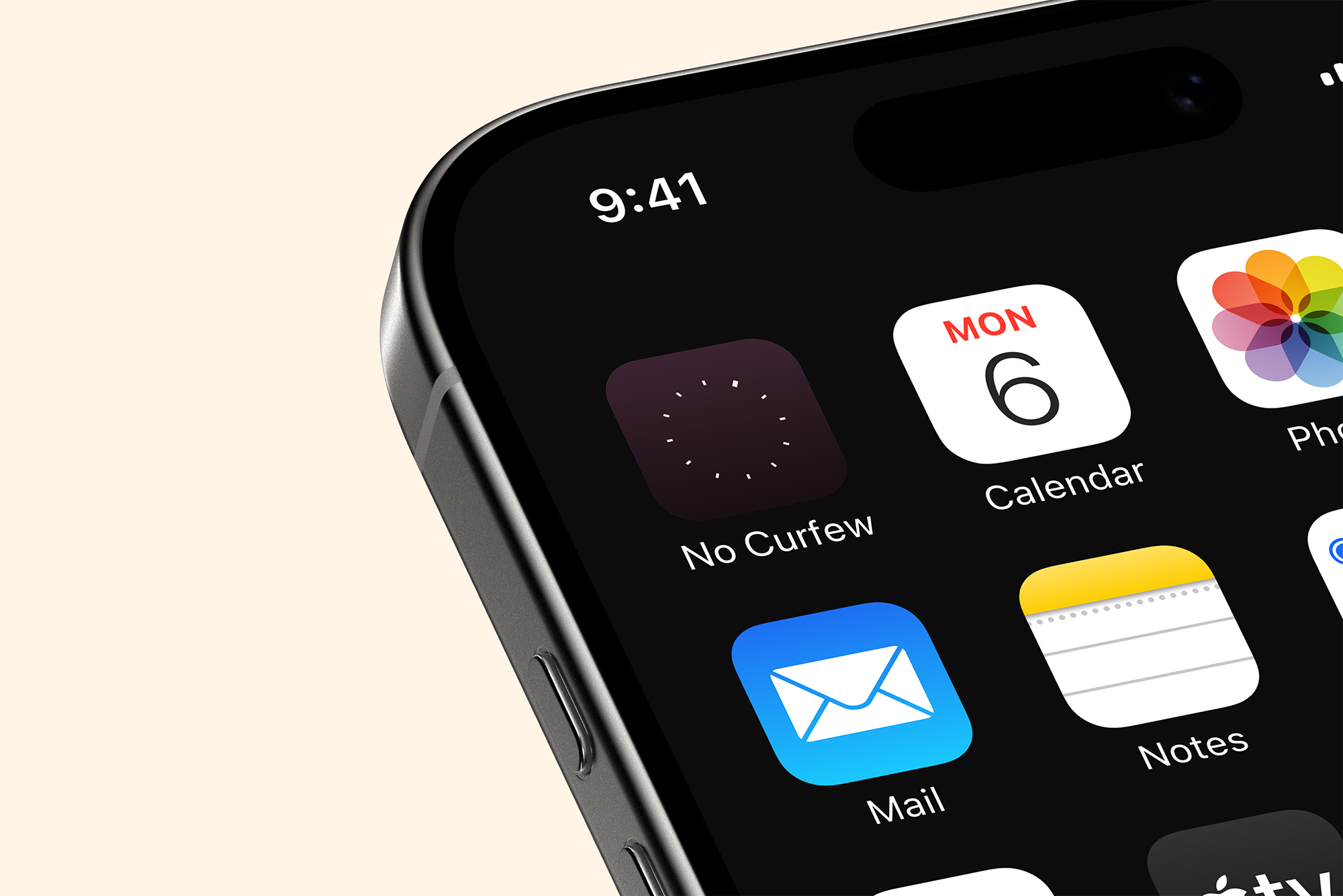 close-up of the No Curfew app icon on home page of an iphone