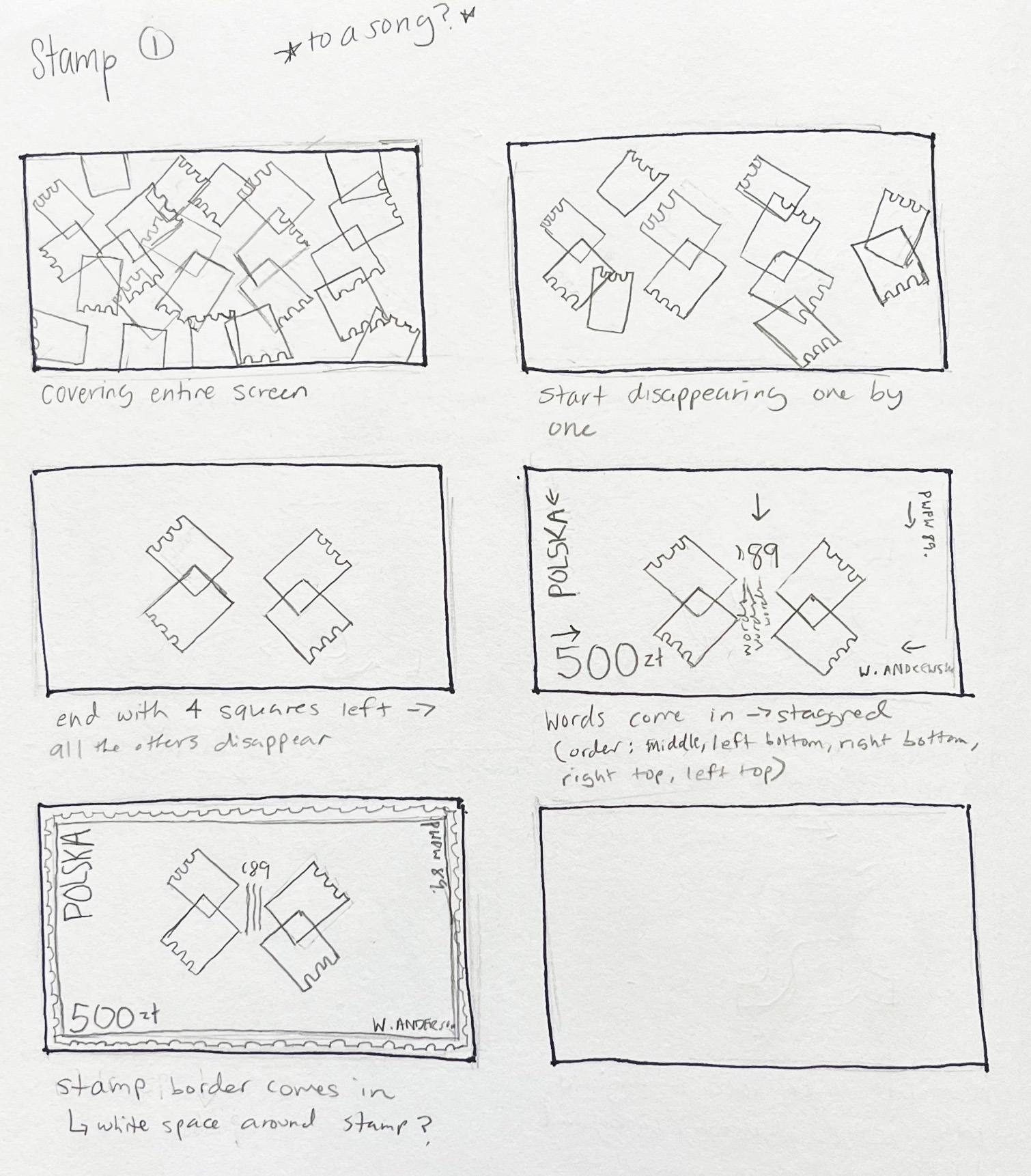 First storyboard concept with elements piling onto screen