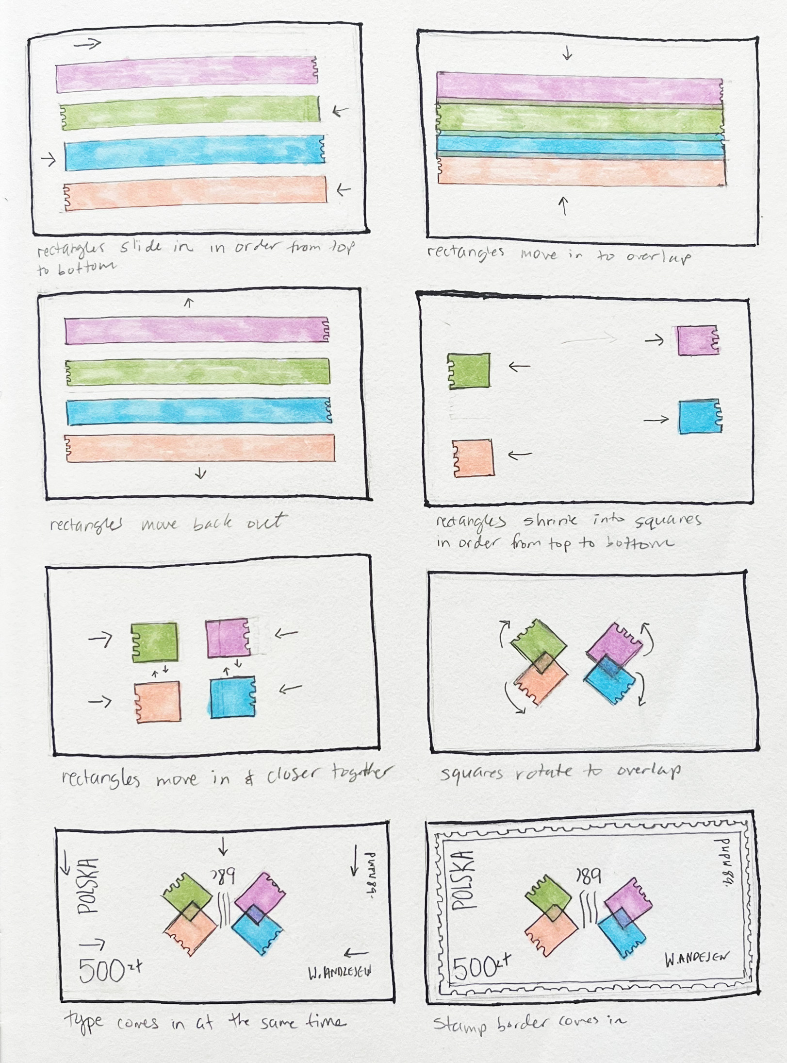 Third storyboard concept with elements stretching and overlapping