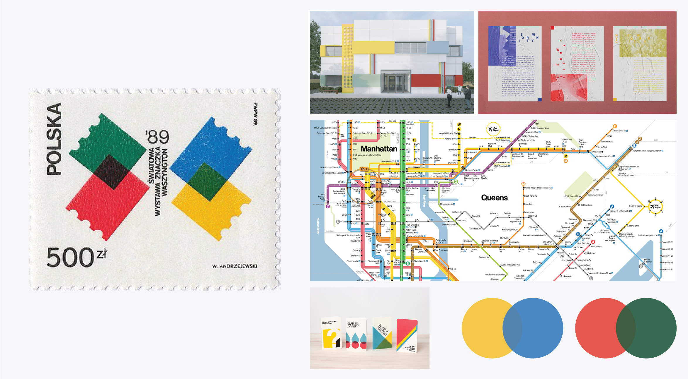 Polska 1989 stamp with blue, green, yellow, and red elements and moodboard with style inspirations including NYC subway map