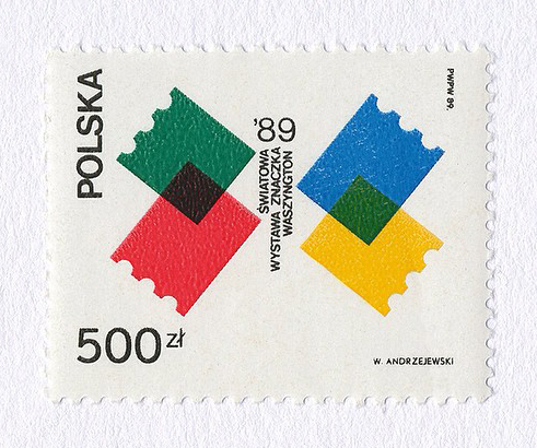 Polska 1989 stamp with blue, green, yellow, and red elements