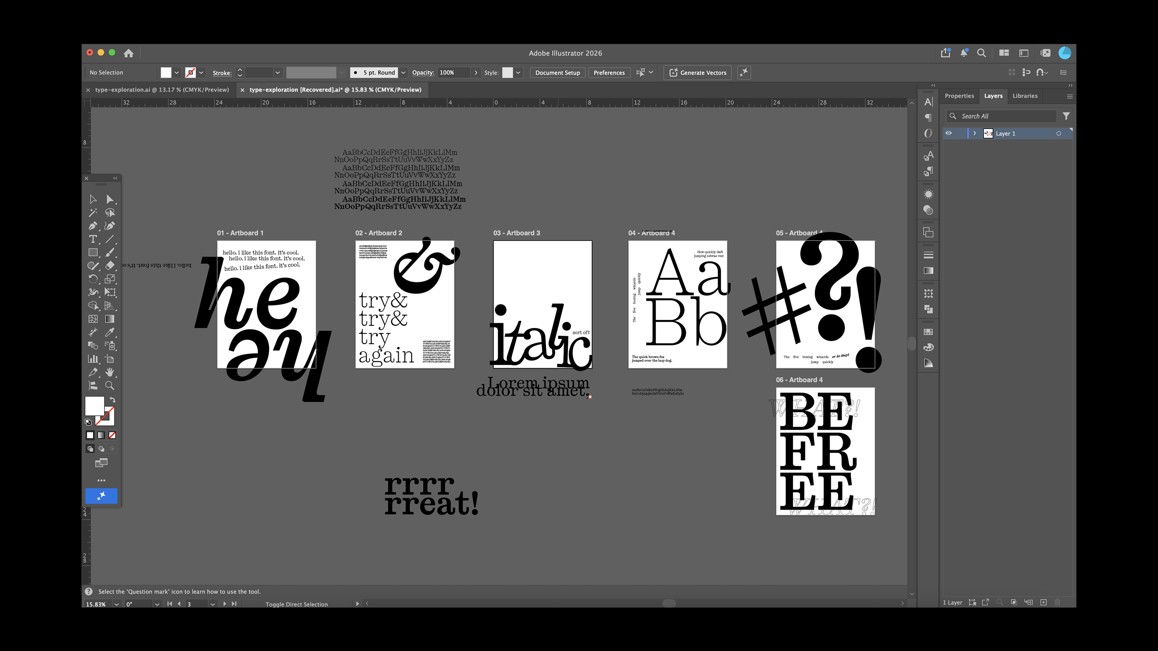 screenshot of Adobe Illustrator showing type exploration spreads